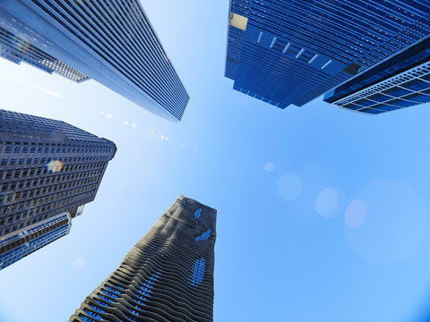 USA, Illinois, Chicago, Hochhäuser, Aon Center, Aqua Tower, von unten, lizenzfreies Stockfoto