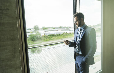 Junger Geschäftsmann am Fenster, der auf sein Handy schaut - UUF005412