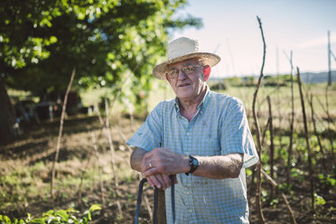 Portrait of smiling farmer wearing straw leaning on hachet - RAEF000402