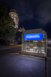 Germany, Berlin, underground sign at Gendarmenmarkt by night - NKF000396