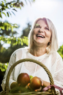 Smiling mature woman harvesting apples - RKNF000281