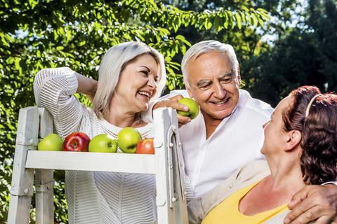 Lächelnde ältere Freunde mit Äpfeln im Freien, lizenzfreies Stockfoto