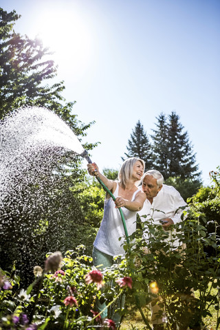 Lächelnde reife Frau gießt Blumen im Garten mit Mann küsst ihre Schulter, lizenzfreies Stockfoto