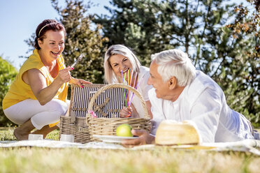 Glückliche ältere Freunde beim Picknick auf einer Wiese - RKNF000323