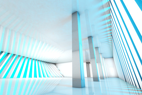 3D gerenderte Illustration, Architekturvisualisierung eines futuristischen Innenraums, lizenzfreies Stockfoto