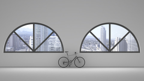 Loft mit zwei Rundbogenfenstern und an die Wand gelehntem Fahrrad, 3D Rendering, lizenzfreies Stockfoto