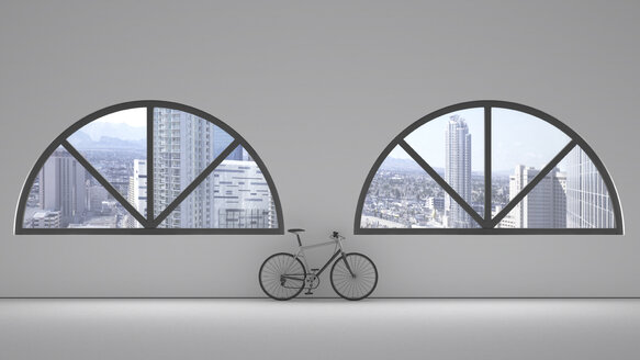 Loft mit zwei Rundbogenfenstern und an die Wand gelehntem Fahrrad, 3D Rendering - UWF000607