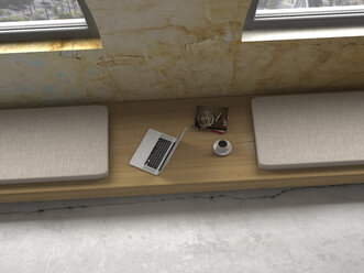 Laptop, Zeitschriften und eine Tasse Kaffee auf einer Holzbank unter einem Fenster, 3D Rendering - UWF000610