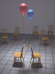 Roter und blauer Luftballon an den Rückenlehnen von zwei Stühlen, 3D Rendering - UWF000612