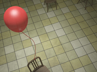 Roter Ballon an der Rückenlehne befestigt, 3D Rendering - UWF000613