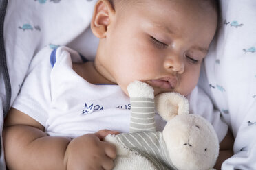 Portrait of sleeping baby boy with soft toy - ABAF001911