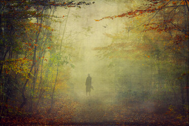 Man on forest path in the mist, textured effect - DWIF000585