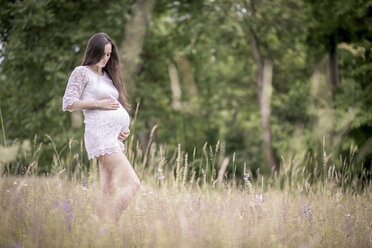 Schwangere Frau steht auf einer Wiese und hält ihren Bauch - ASCF000374