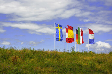 Germany, Munich, flags of six European countries blowing in the wind - AXF000770