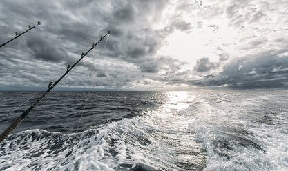 Spain, Asturias, Fishing rods on fishing boat - MGOF000697