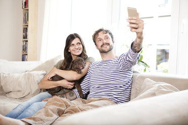 Paar sitzt mit Olde English Bulldogge auf der Couch und macht ein Selfie mit Smartphone - MFRF000398