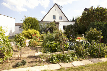 Deutschland, Einfamilienhaus mit Gemüsegarten im Vordergrund - MFRF000428