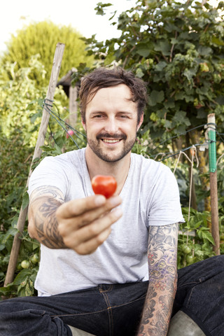 Porträt eines lächelnden Mannes mit Tätowierungen auf den Armen, der im Garten sitzt und eine Tomate hält, lizenzfreies Stockfoto