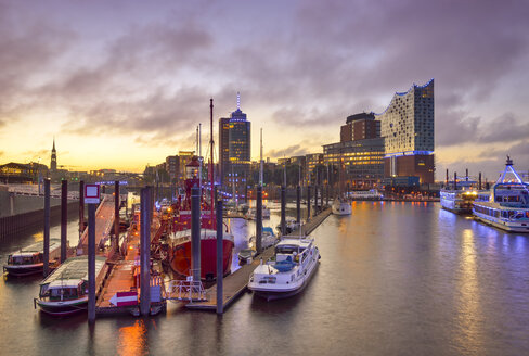 Germany, Hamburg, view to harbour with Hanseatic Trade Center and Elbphilharmonie in the background - RJF000494