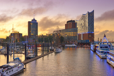 Deutschland, Hamburg, Blick auf den Hafen mit Hanseatic Trade Center und Elbphilharmonie im Hintergrund - RJF000493