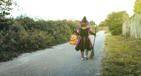 Rückansicht eines als Hexe verkleideten kleinen Mädchens mit Halloween-Laterne und Besen - MGOF000678