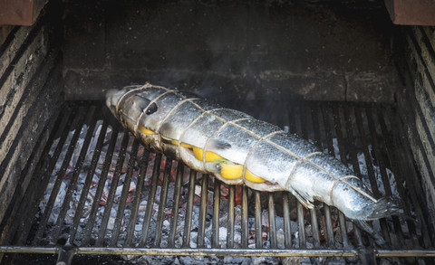 Mit Zitronen gefüllter Lachs auf dem Grill, lizenzfreies Stockfoto