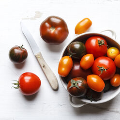 Verschiedene Tomaten, Zebrino, Ebeno, Devotion und gelbe Kirschtomaten in Schale, Küchenmesser - EVGF002280