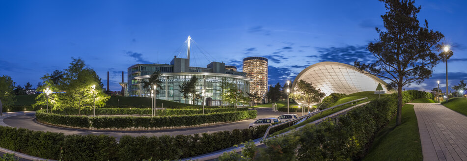 Germany, Lower Saxony, Wolfsburg, Autostadt, Automobile museum in the evening, panorama - PVCF000673