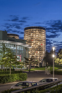 Germany, Lower Saxony, Wolfsburg, Autostadt, Automobile museum in the evening - PVCF000674