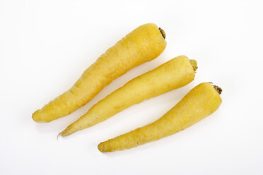 Three yellow carrots in front of white background - CSF026383