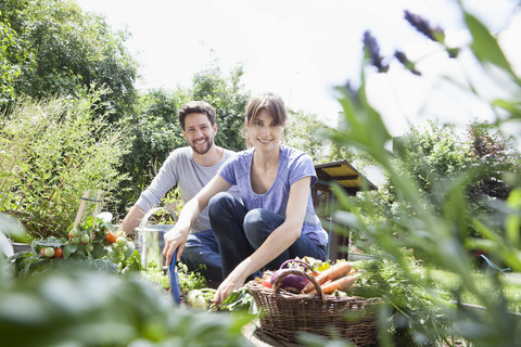 Lächelndes Paar bei der Gartenarbeit im Gemüsebeet, lizenzfreies Stockfoto