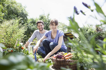 Smiling couple gardening in vegetable patch - RBF003209