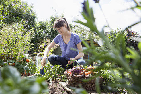 Lächelnde Frau bei der Gartenarbeit im Gemüsebeet - RBF003175