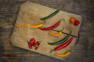 Different chili peppers on wood - LVF003890