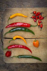Different chili peppers on wood - LVF003891