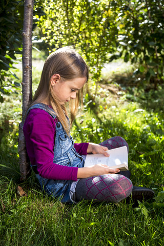 Little girl sitting on a meadow in the garden reading a book stock photo