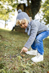Kleiner Junge, der auf eine Kastanie zeigt, die auf einer Wiese liegt - MGOF000786