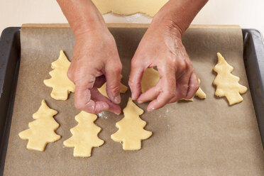 Woman placing Christmas tree cookies on baking tray - WIF002826