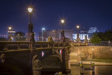 Germany, Berlin, historic bridge and Reichstag at night - NKF000412