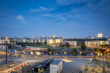 Germany, Berlin, cityscape with Spree river at dusk - NKF000413