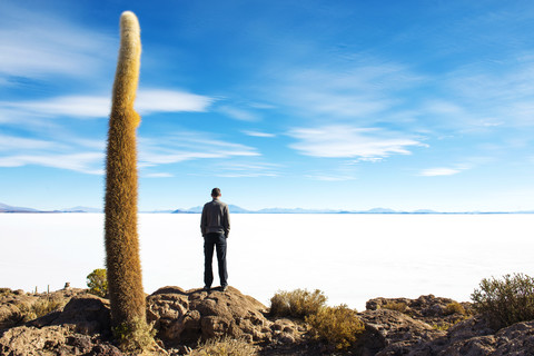 Bolivien, Potosi, Mann mit Blick auf die Salinen von Uyuni, lizenzfreies Stockfoto