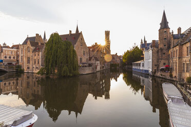 Belgium, Flanders, Bruges, Old town, Rozenhoedkaai, Canal and Belfry Tower - WDF003296