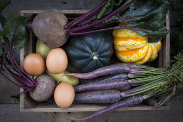 Wooden box of different organic vegetables - LVF003931