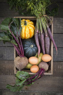 Wooden box of different organic vegetables - LVF003932