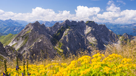 Deutschland, Bayern, Allgäuer Alpen, Blick vom Großen Daumen zur Daumengruppe mit Wengen zum Nebelhorn - WGF000730