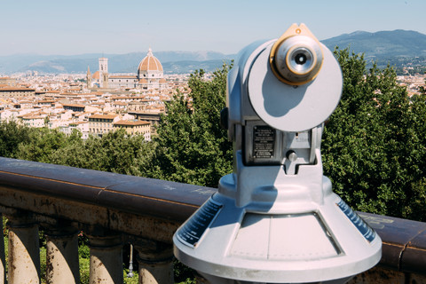 Italy, Florence, telescope at Piazzale Michelangelo viewpoint stock photo