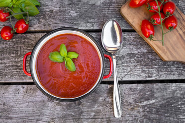 Kochtopf mit hausgemachter Tomatensuppe auf Holz - SARF002157