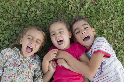 Portrait of three screaming children lying side by side on a meadow stock photo