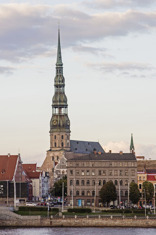 Latvia, Riga, St. Peter's Church across the Daugava stock photo