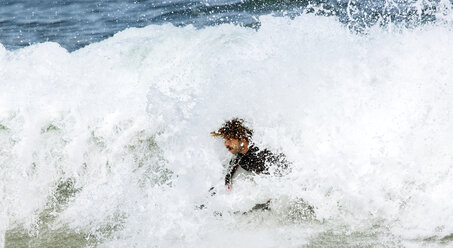 Spain, Asturias, Colunga, body board rider on the waves - MGOF000829